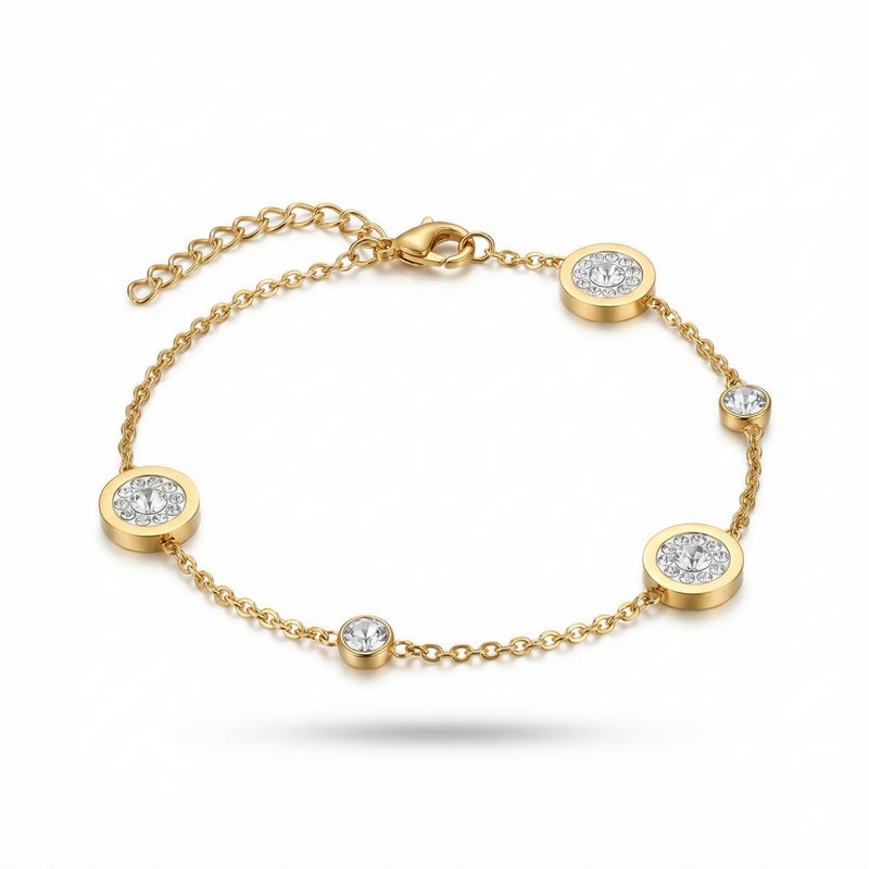 An elegant gold bracelet, made of rust-resistant stainless steel, with a design of circles and sparkling zircon stones that suit your wrist! Unparalleled elegance, with an adjustable clasp to fit you. - Image 1